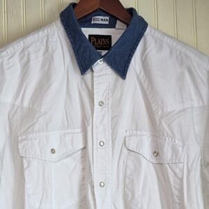 Plains Shirt Mens Big 2X White Denim Collar Short Sleeve Western Snap Casual